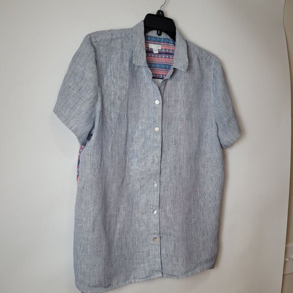 J.Jill Womens Striped Linen Blend Button-Up Short Sleeve Shirt With Floral & Geo - Picture 11 of 16